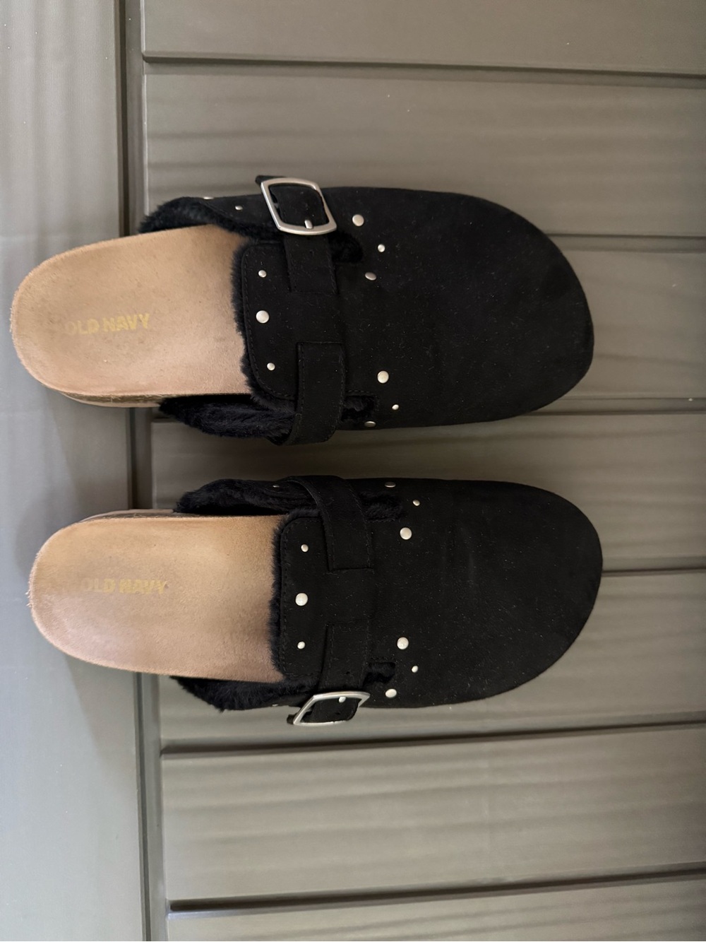 Old Navy Black Faux-Suede Buckle Mules with Studs